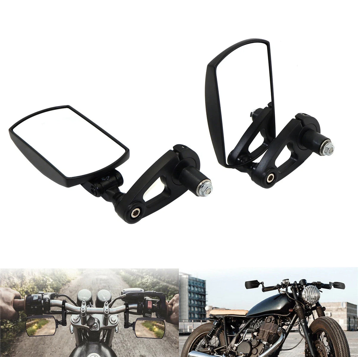 Set of 2 Black 7/8" 22mm Rectangle Rear View Mirrors for Motorcycle