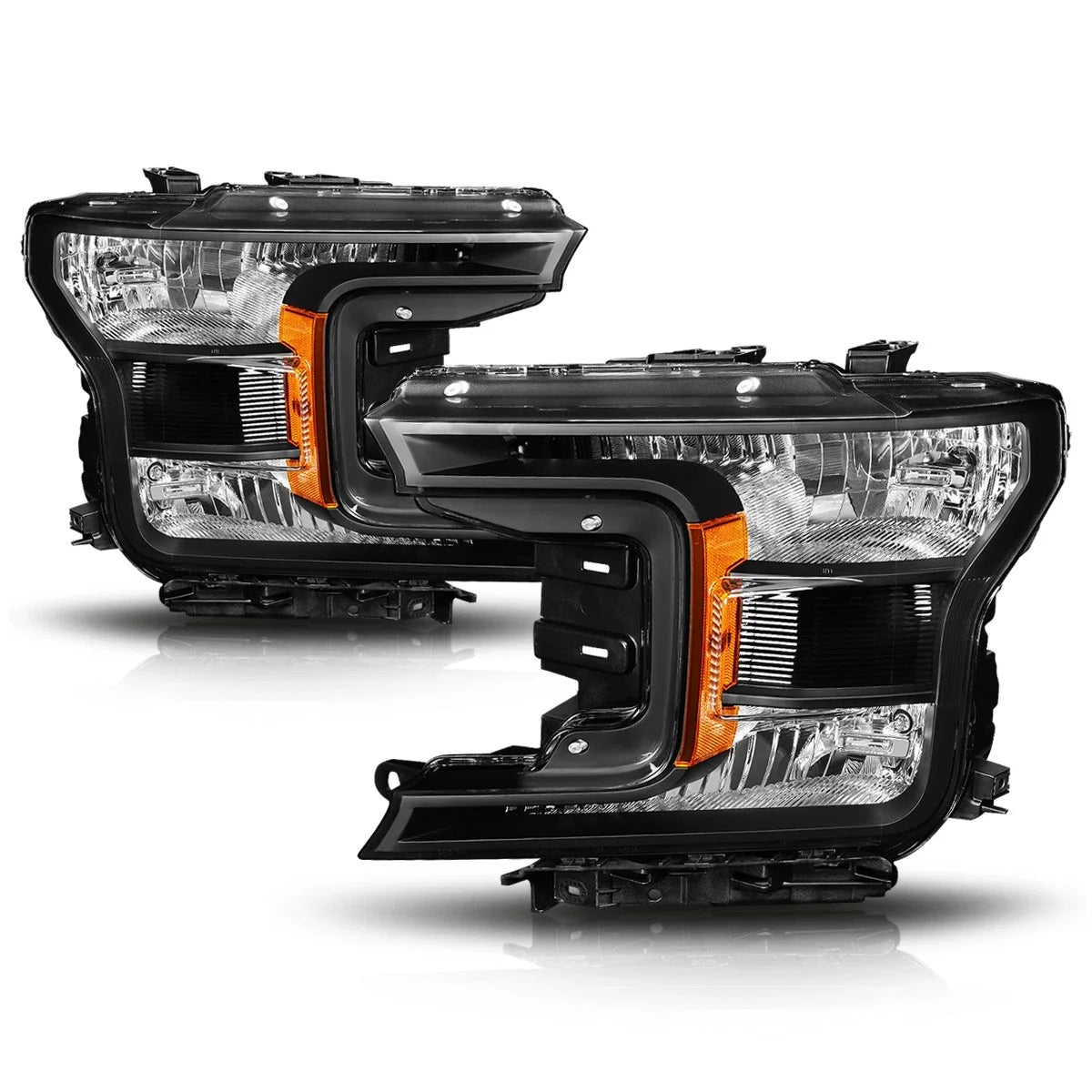 Pair of Black Housing Bumper Headlight Amber Side Corner Lamps for Ford F150 (2018–2020)