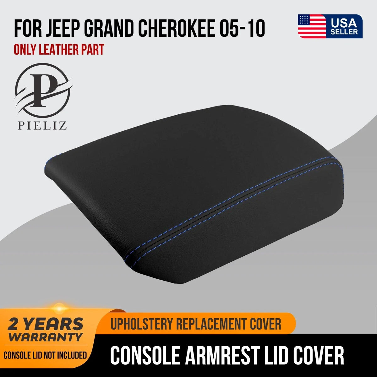 Leather Console Lid Armrest Cover for Jeep Grand Cherokee (2005–2010) Blue Stitch