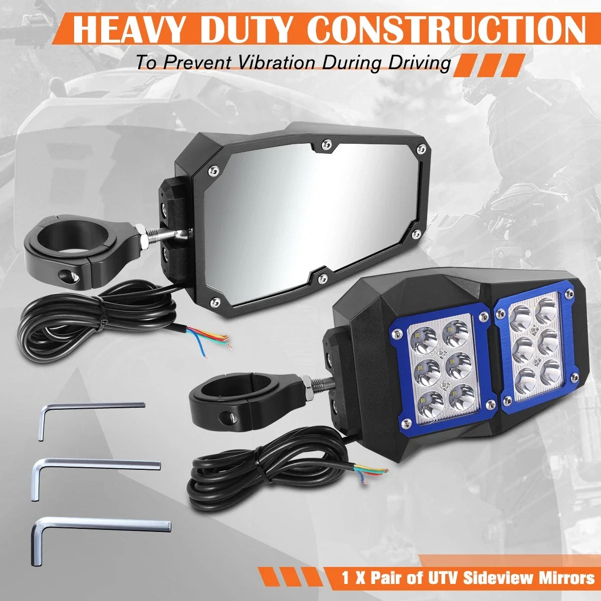 Universal UTV Side View Mirrors with White LED Light