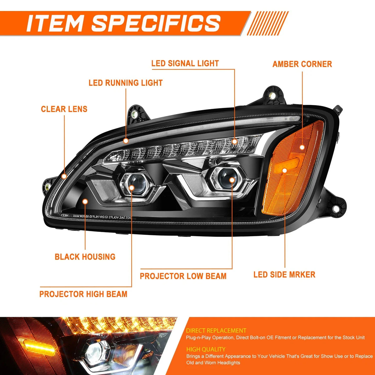 LED DRL Sequential Signal Projector Headlights for Kenworth T660 (2008–2017)