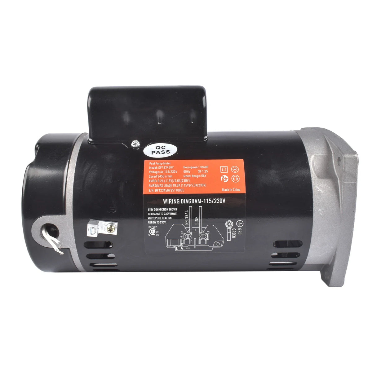 Pool Pump Motor 3/4HP 3450RPM for Square Flange B2852 (115/230V)
