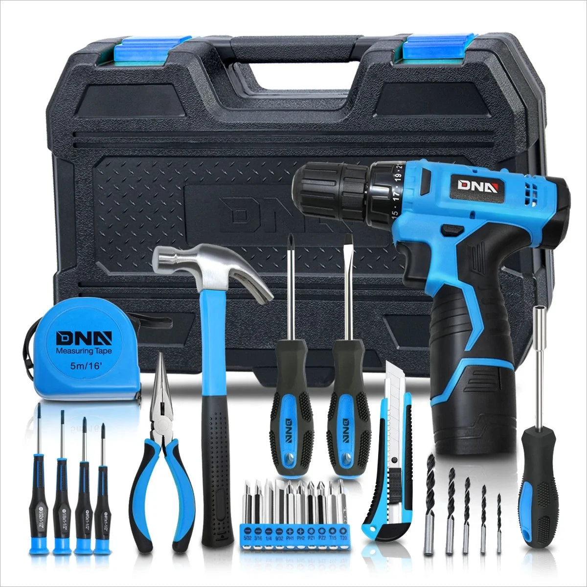 27-Piece Household Toolbox Set with Cordless Drill, Bits, Hammer, Screwdriver