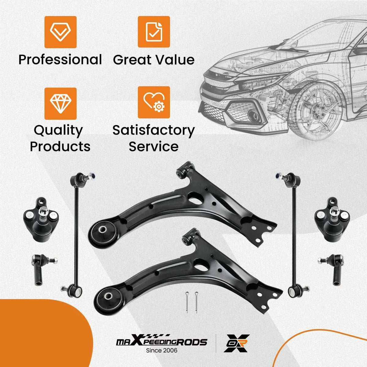 Set of 8 Front Lower Control Arms & Outer Tie Rods for Pontiac Vibe (2003–2008)