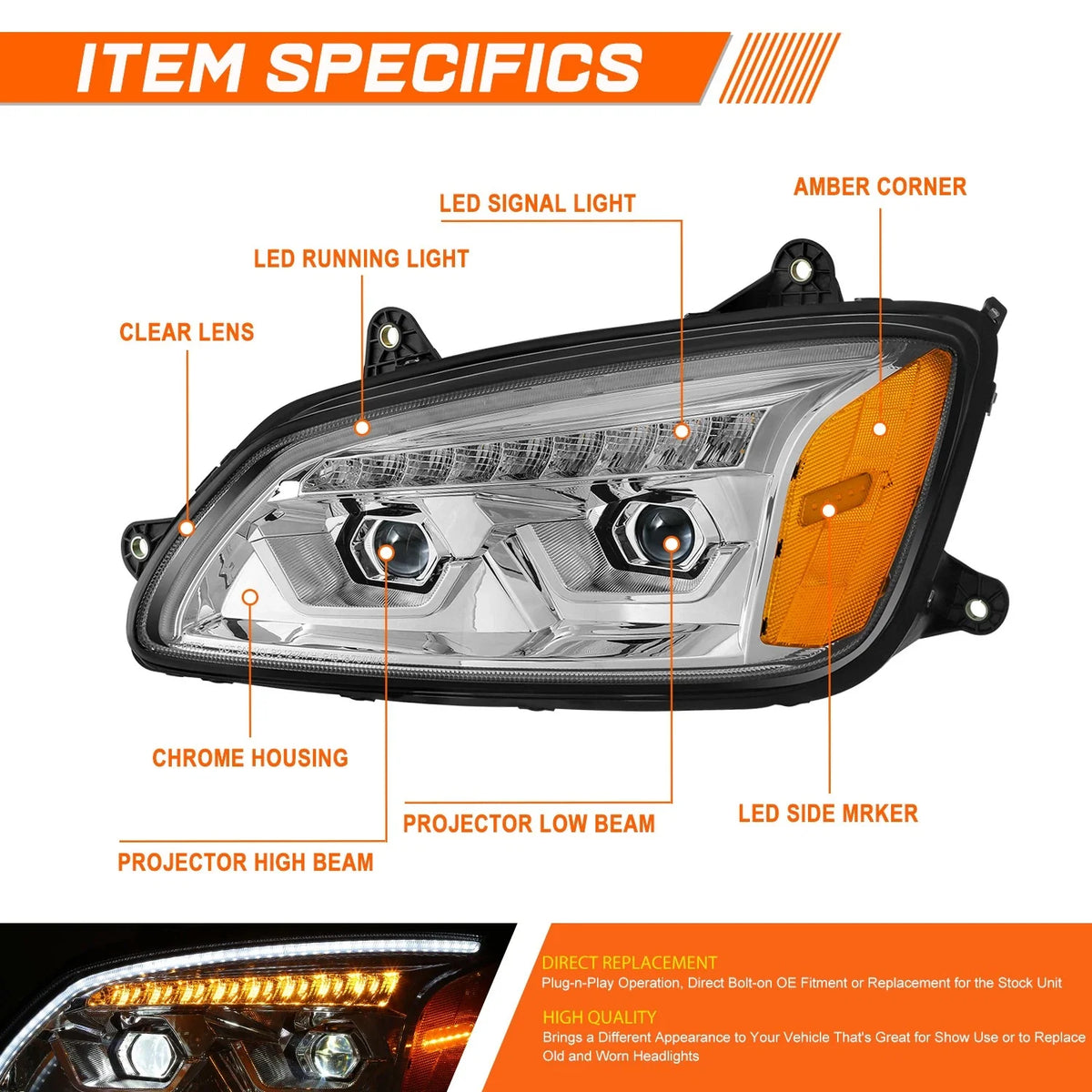 LED DRL Sequential Signal Projector Headlights Chrome for Kenworth T660 (2008–2017)