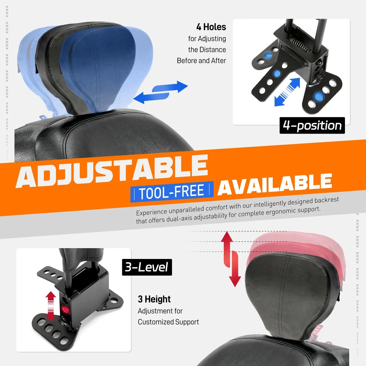 Driver Rider Backrest with Adjustable Bracket for Harley 2009–Present