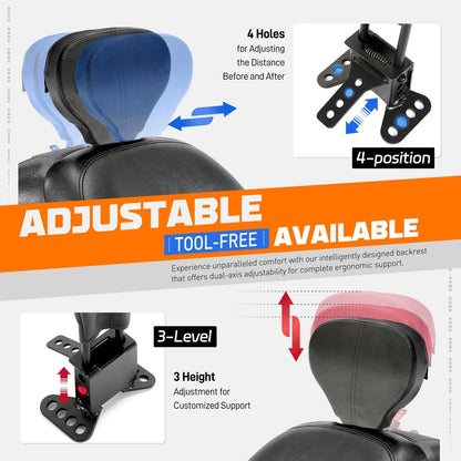 Driver Rider Backrest with Adjustable Bracket for Harley 2009–Present