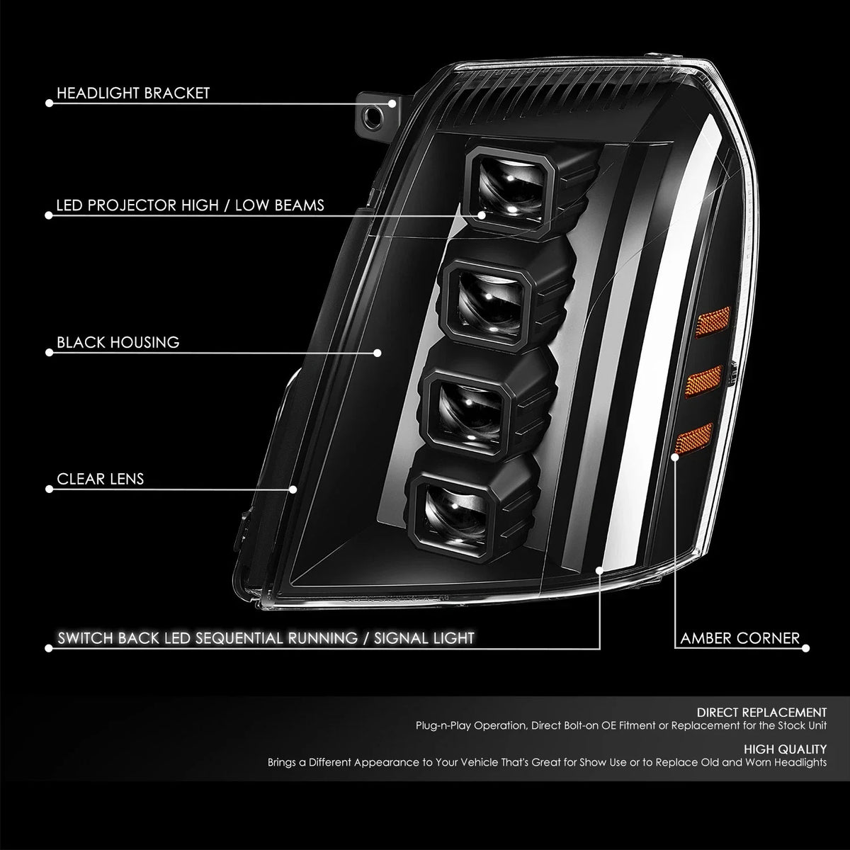 Quad Projector LED Switchback Headlights for Cadillac Escalade ESV EXT (2007–2014)