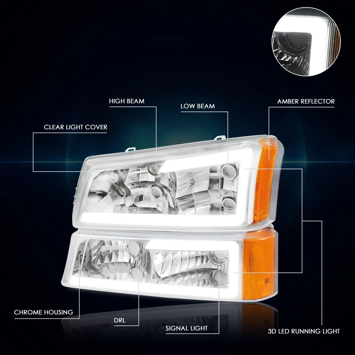 2003-2007 Chevy Avalanche Silverado LED DRL Chrome Headlights