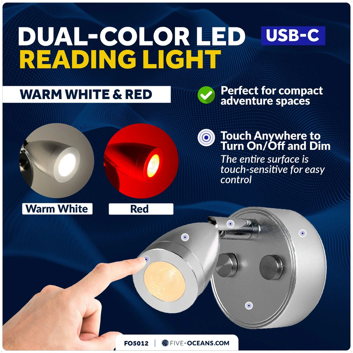 LED Reading Light for RV (12V) - Touch Dimmer, USB-C Port, Warm White & Red