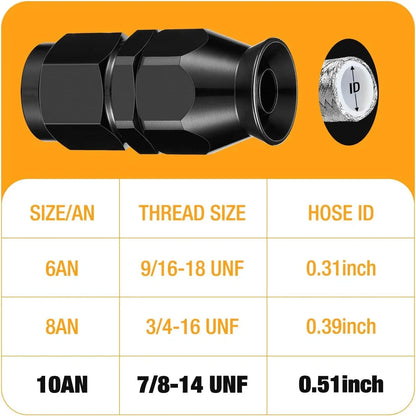 Black 10AN PTFE Straight Hose End Fitting for Fuel Line