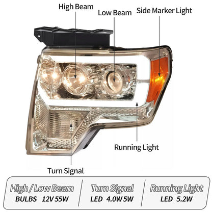 2X Ford F150 Projector LED Tube DRL Headlights (2009–2014)