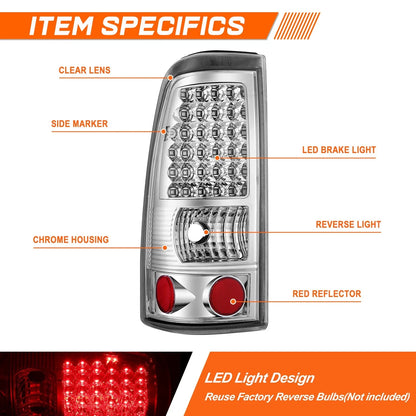 Full LED Tail Light Stop/Brake Lamp Chrome for Chevy Silverado/GMC Sierra (1999–2003)