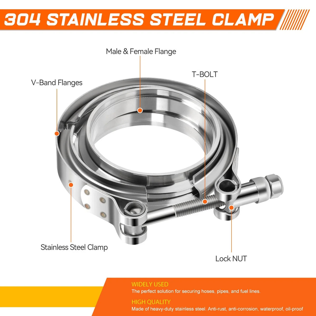 3" OD Stainless Steel V-Band Clamp & Male/Female Flange Set for Universal
