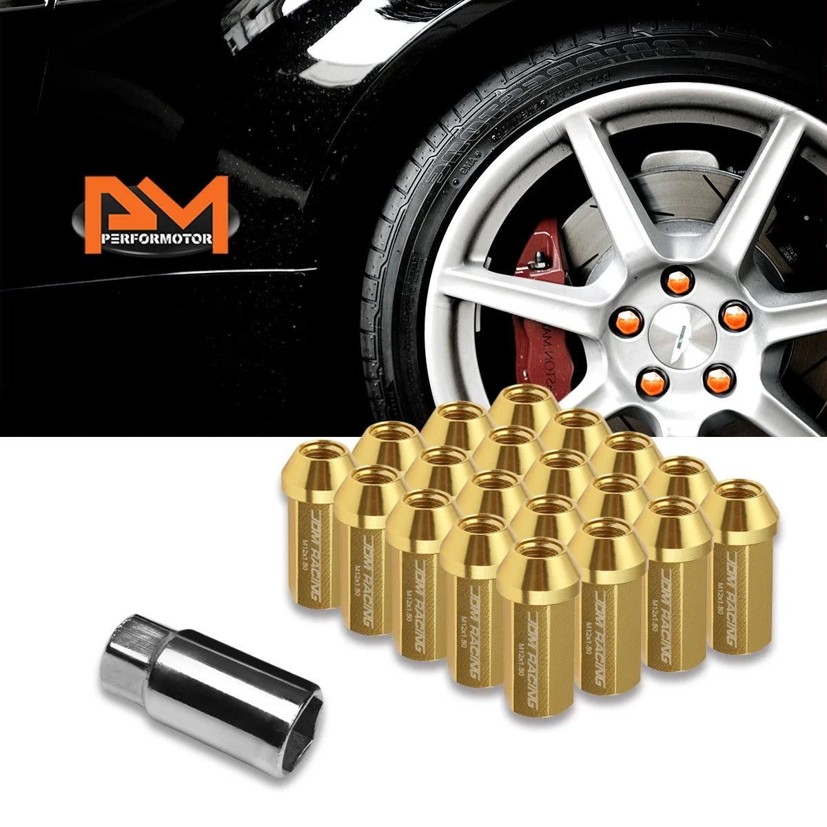 20Pc Gold JDM Aluminum Hex Wheel Lug Nuts M12X1.5 + 25mmx50mm Extension