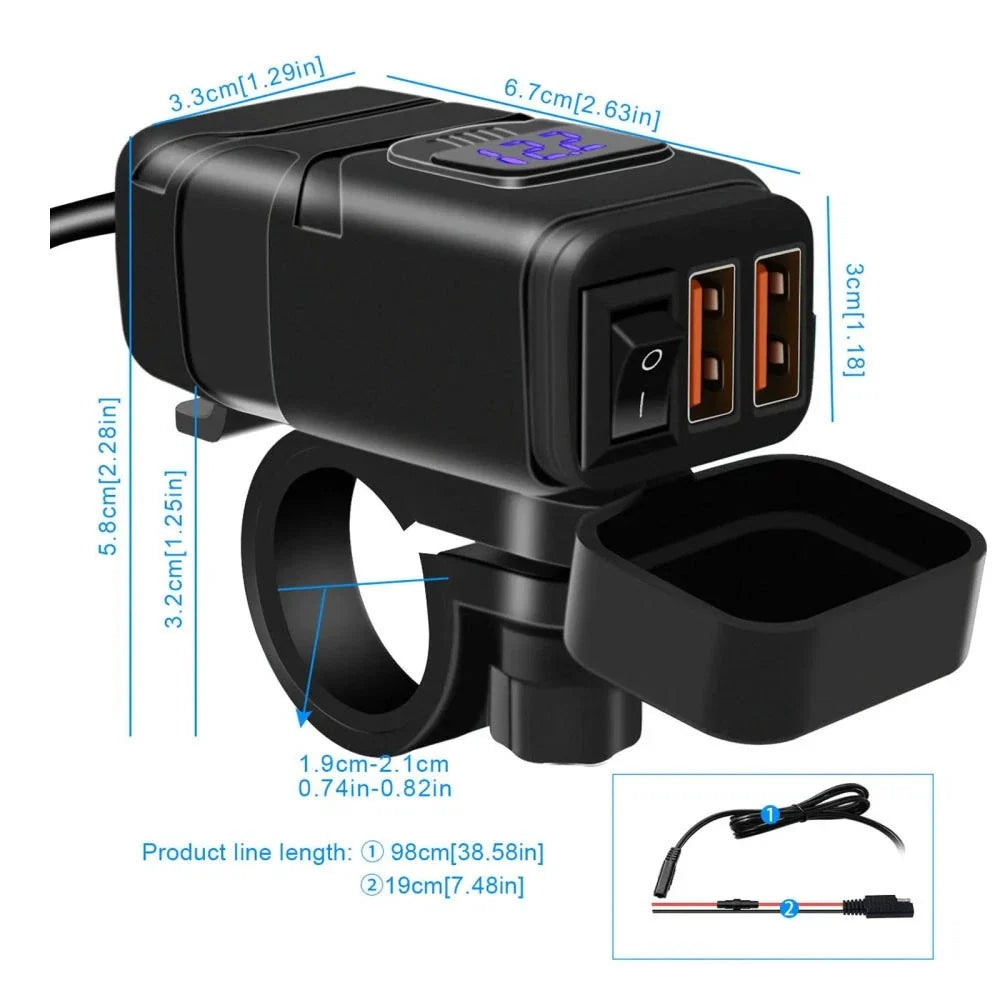 QC3.0 Dual USB Charger with Blue LED Voltmeter for Motorcycle (Universal)