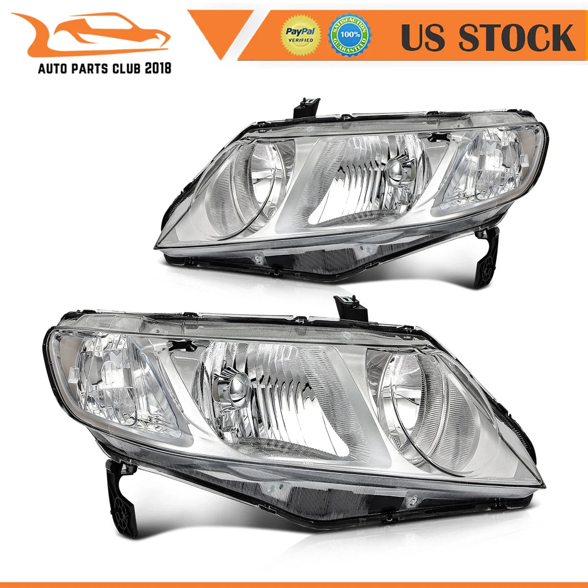 L+R Headlight Assembly with Chrome Housing for 2006-2011 Honda Civic Sedan