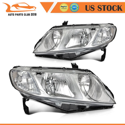 L+R Headlight Assembly with Chrome Housing for 2006-2011 Honda Civic Sedan