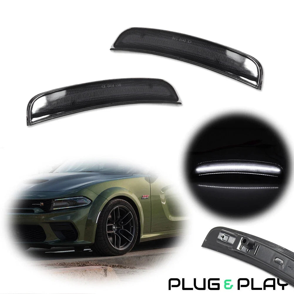 2X White LED Smoke Front Bumper Side Marker Lights for Dodge Charger (2015–2023)