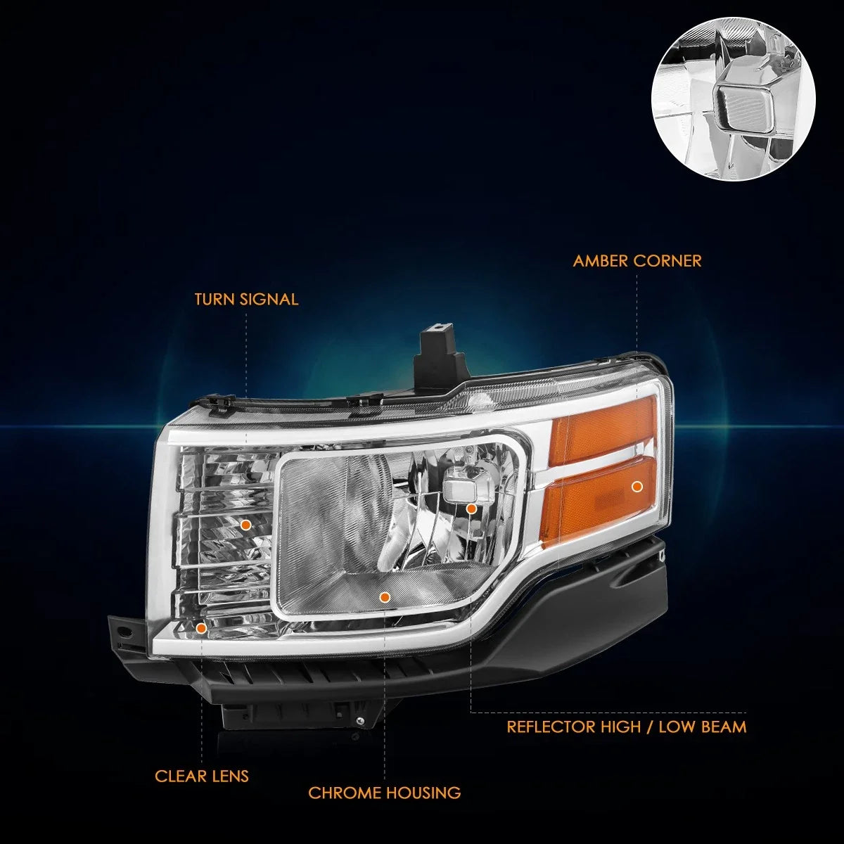 Left Headlight Lamp - Amber Corner, Chrome Finish for Ford Flex 2009-2012