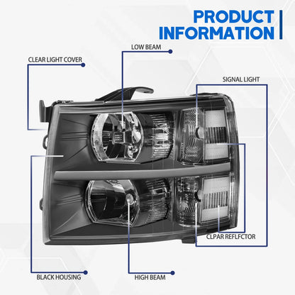 Headlight Assembly Pair Black/Clear for Chevy Silverado 2500HD 3500 (2007–2014)
