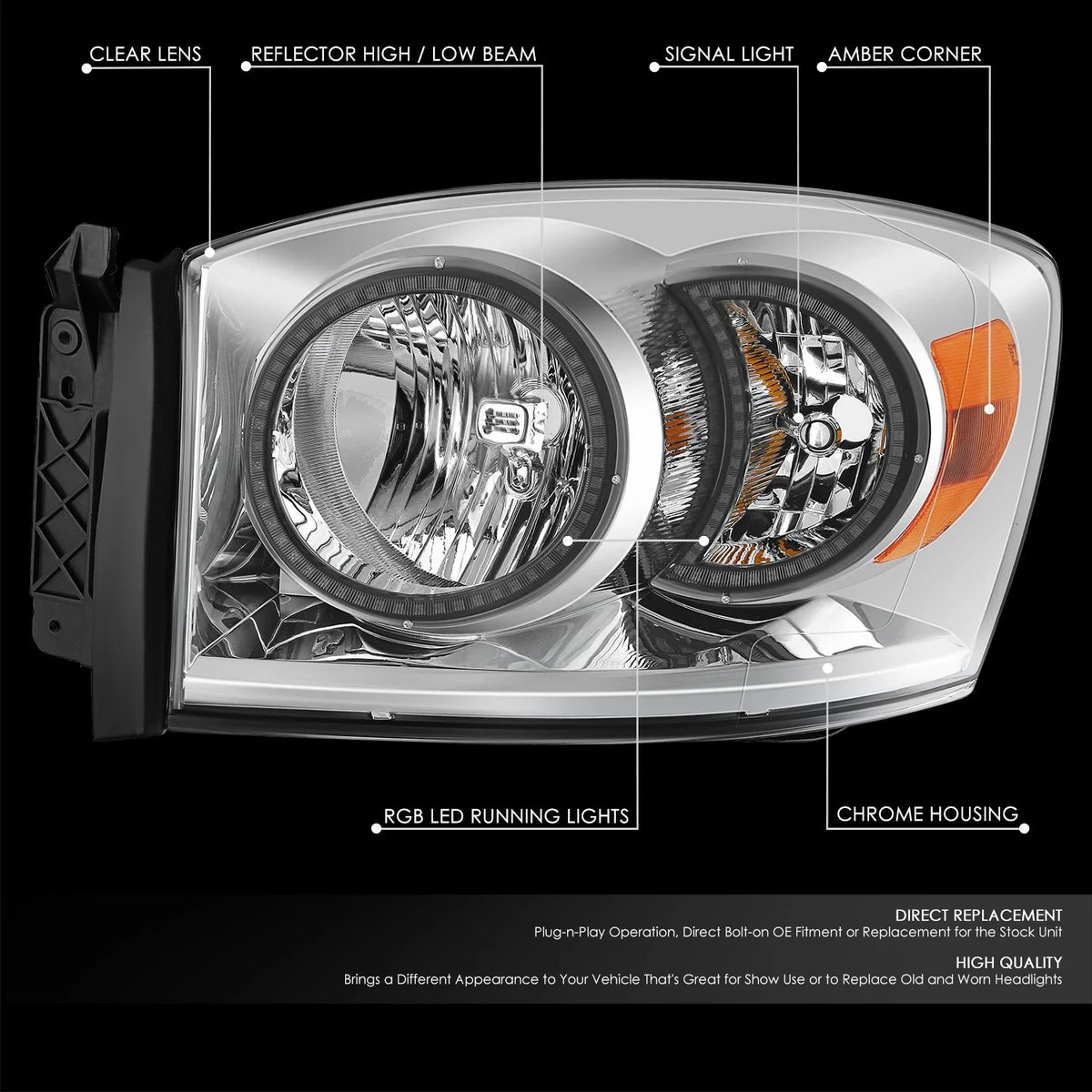 2X Chrome Amber LED Halo Ring RGB Headlight Lamps for Dodge Ram 1500-3500 (2006–2009)