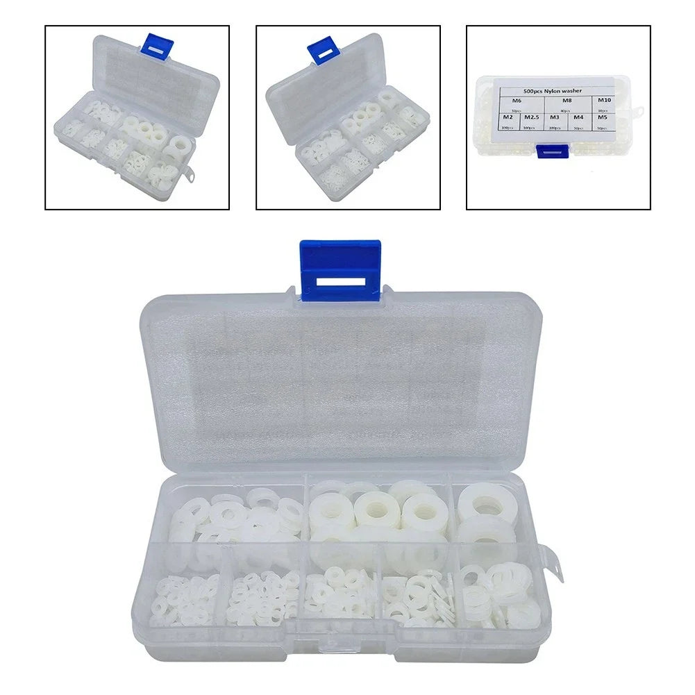 500pcs Nylon Washers Set 8 Sizes in Organizer Box