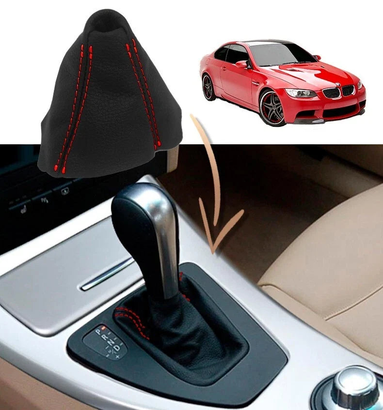Automatic Shift Boot for BMW E90 (2005–2013) - Leather Synthetic, Red Stitch