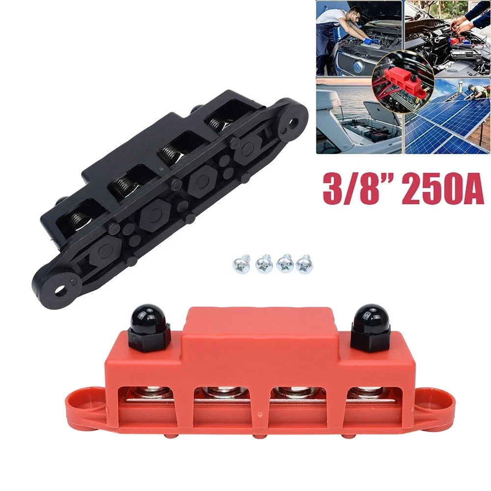 3/8" 250A 4 Stud Busbar Power Distribution Terminal Block Red & Black