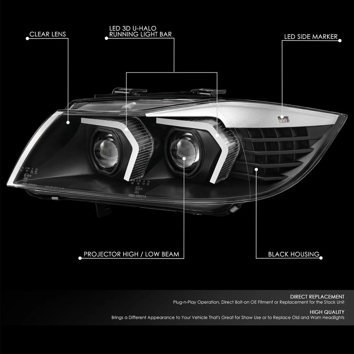 LED Projector Headlight for BMW 323I 2005–2008 (Black Clear, Switchback)