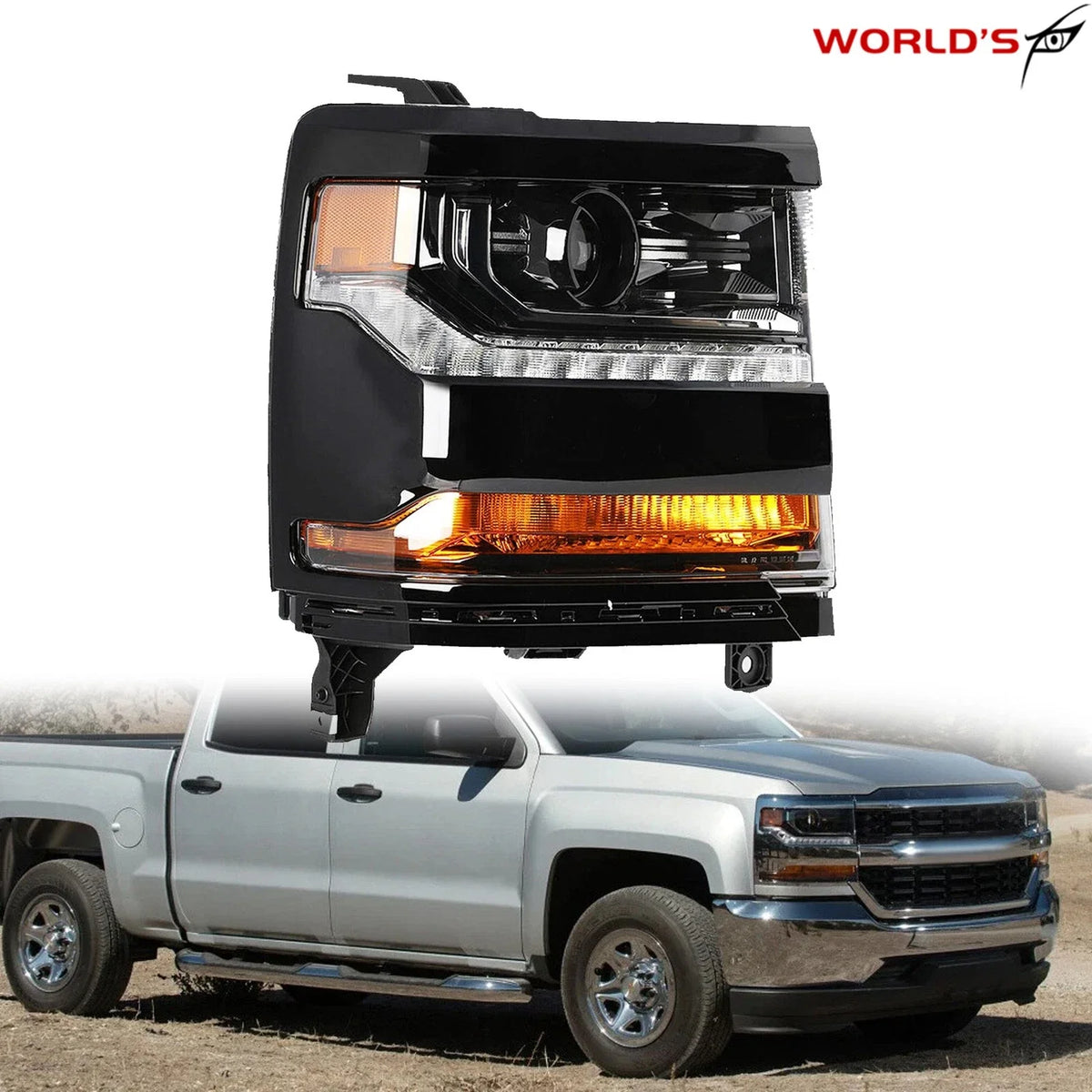 HID LED DRL Headlight for Chevy Silverado 1500 (2016–2018) Right Side Black