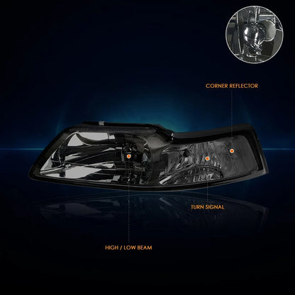 Clear Corner Signal & Smoked Headlight Lamps Pair for Ford Mustang (1999-2004)