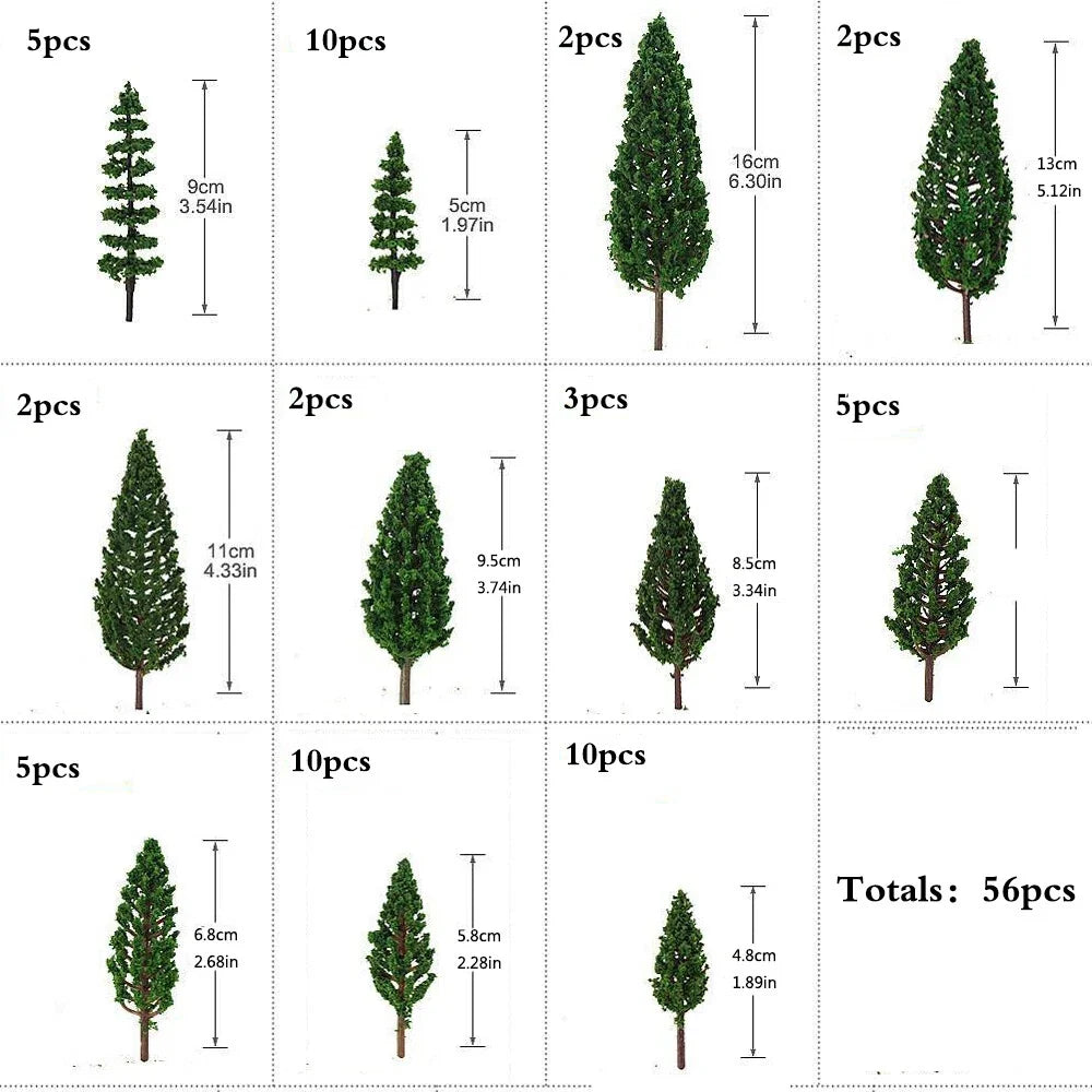 Mixed Model Tree Set - 56pcs for HO OO Scale Railroad Scenery