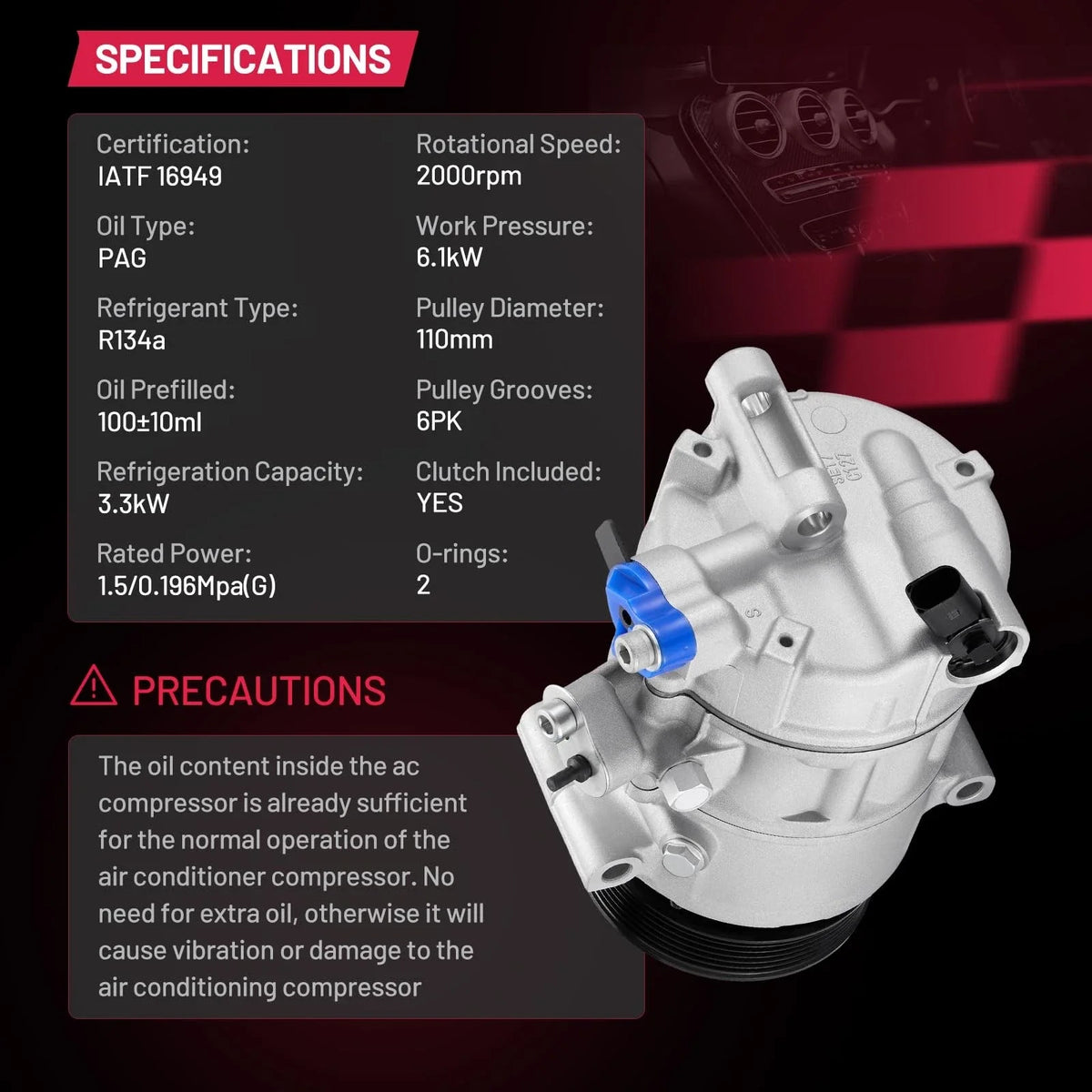 A/C Compressor for VW Golf 2015-2021 w/ 6-Groove Pulley