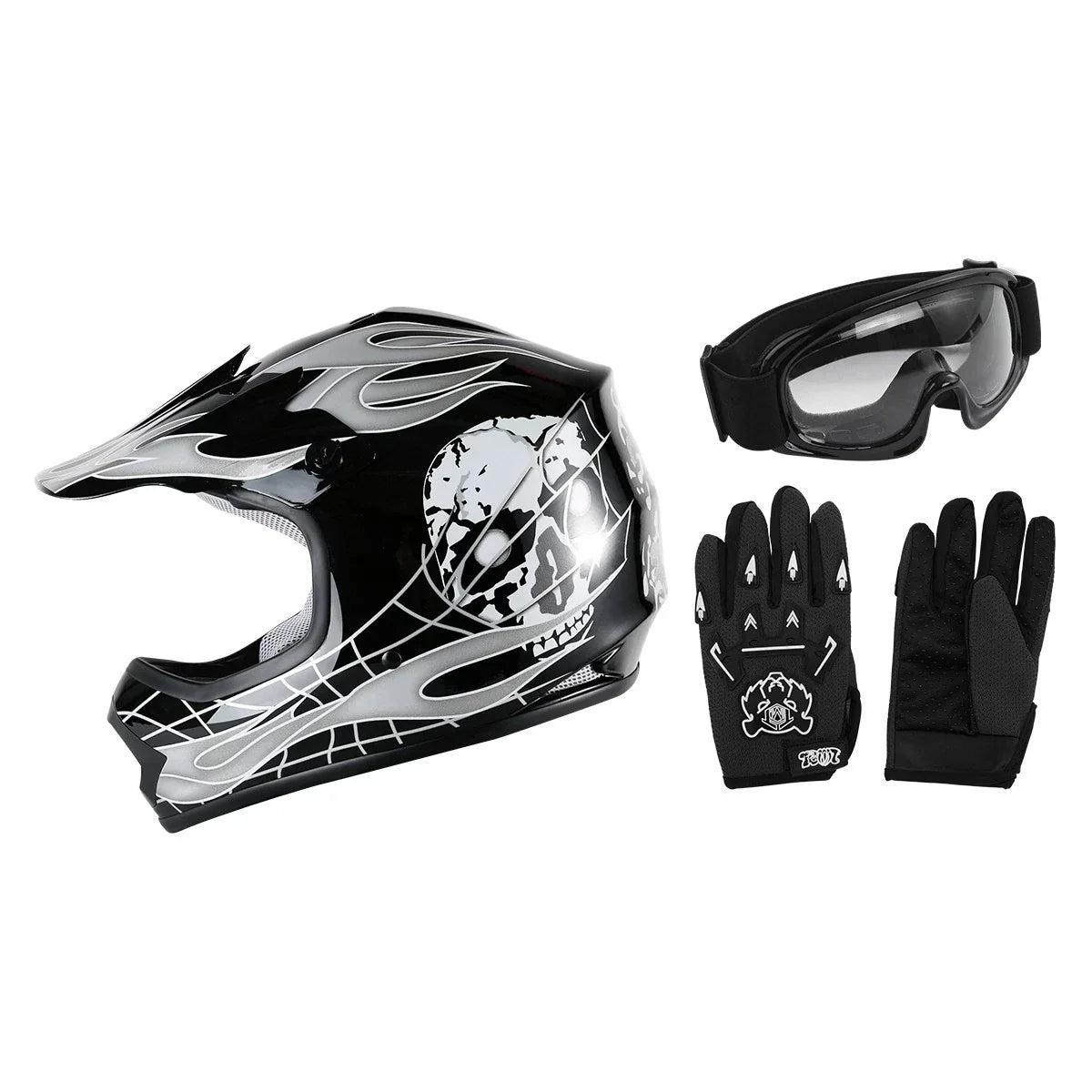 Youth Kids ATV Motocross Dirt Bike Black Skull Helmet with Goggles & Gloves (S, M, L, XL)