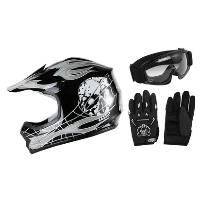 Youth Kids ATV Motocross Dirt Bike Black Skull Helmet with Goggles & Gloves (S, M, L, XL)