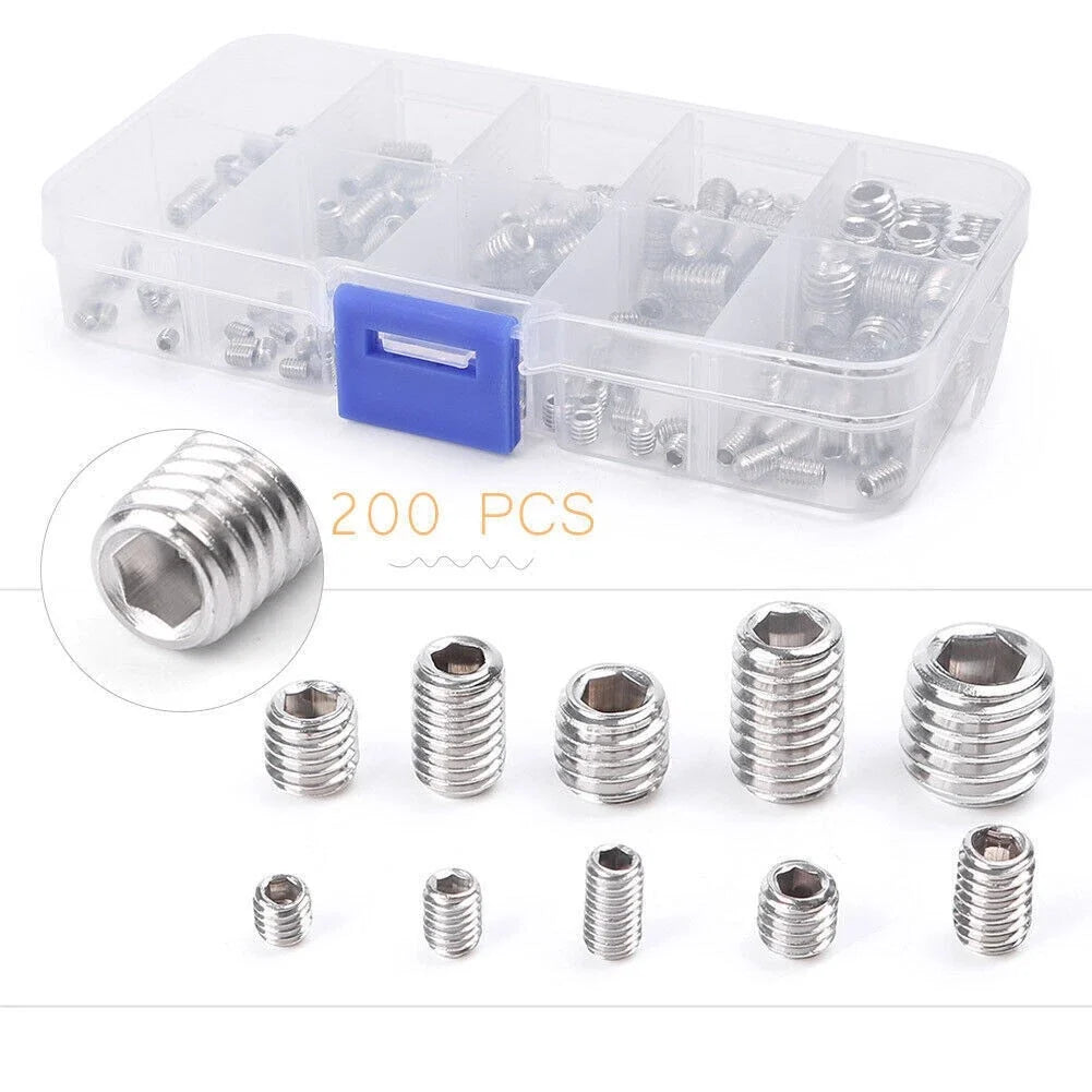Automotive Hex Socket Set Screws Kit 200PC (M3 M4 M5 M6 M8)