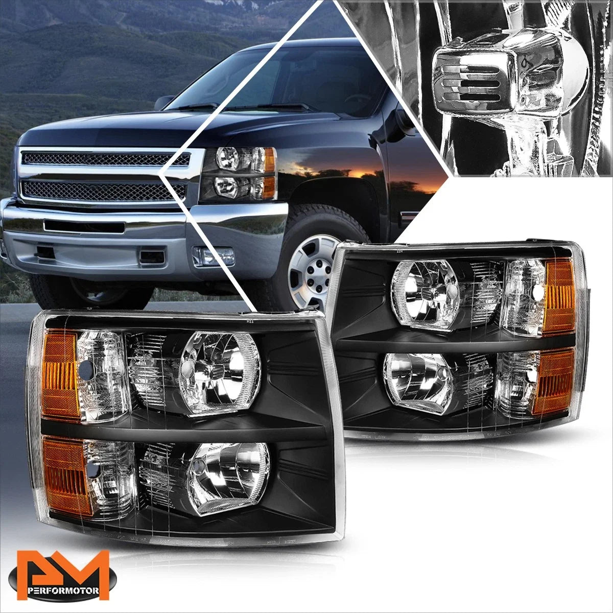Headlight Lamps Amber Corner Black Housing for Chevy Silverado 2007-14