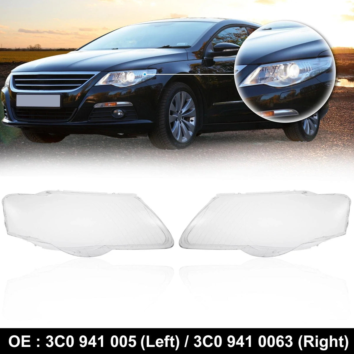 1 Pair Headlight Lens Cover Shell for VW Passat B6 (2006–2011) 3C0 941 0