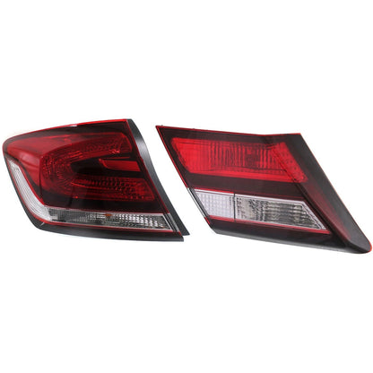 Left Inner and Outer Tail Light for Honda Civic (2013–2015) Halogen w/ Bulb