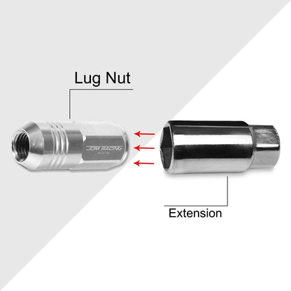 Set of 20 M12X1.5 Silver JDM Closed End Cone Hex Wheel Lug Nuts + Extension 20mm