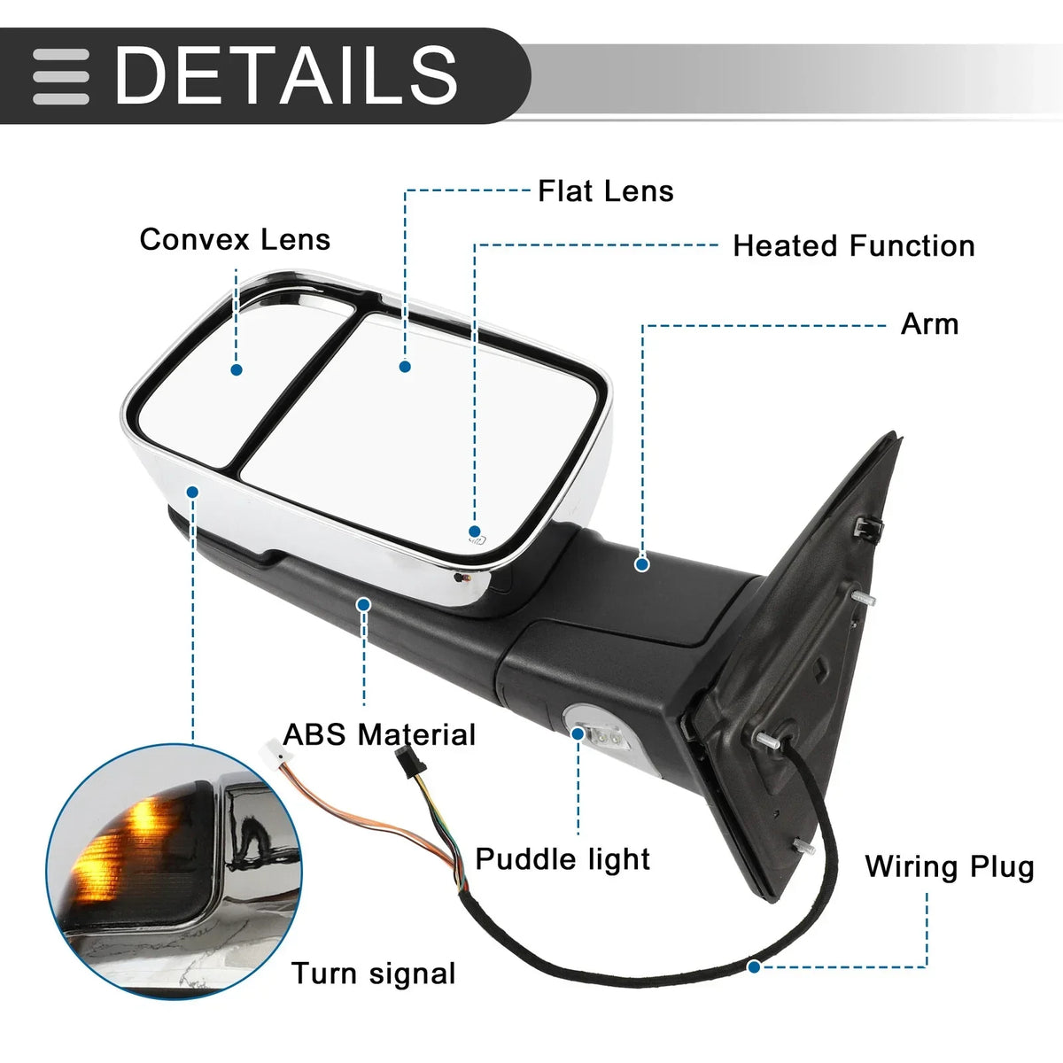 Tow Mirrors with Silver Tone LED Signal Light for Ram 1500 (2009-2018)