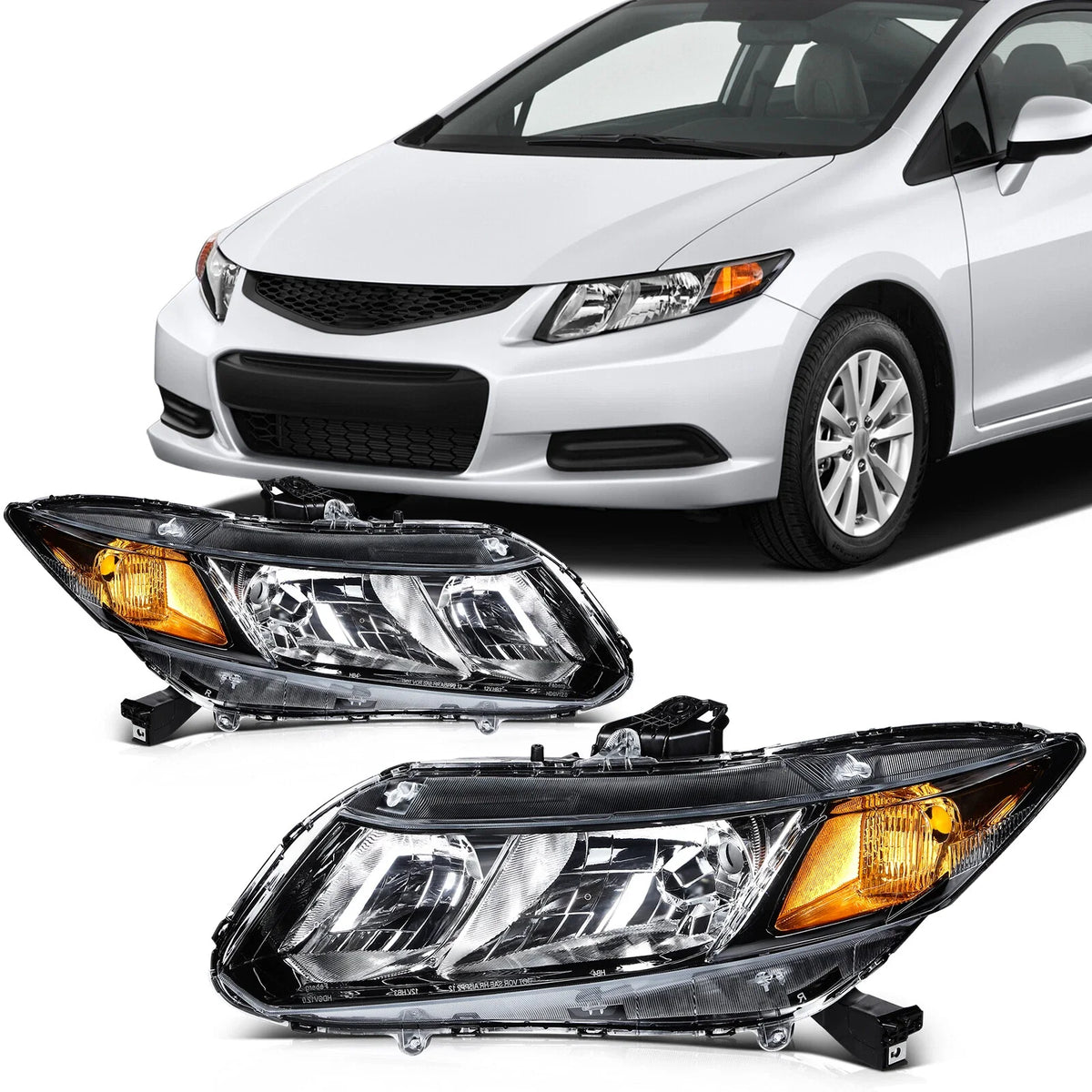 Left+Right Headlight Assembly Set for Honda Civic 2012-2015 in Black