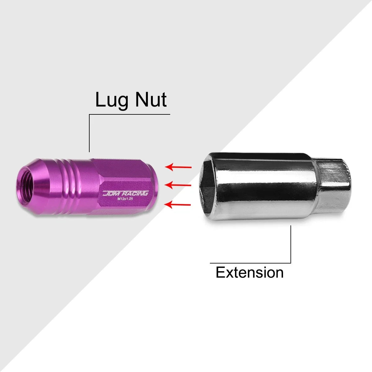Set of 20 M12X1.25 Purple Closed End Cone Hex Wheel Lug Nuts + Extensions 20mm