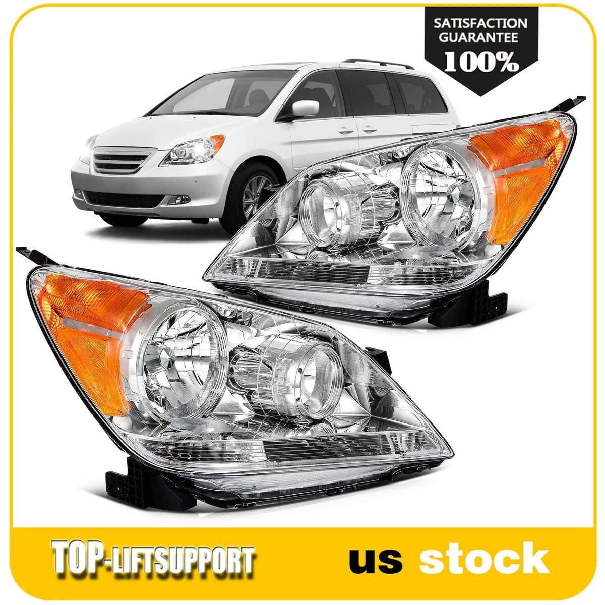 Set of 2 Headlight Assemblies for Honda Odyssey (2005–2007) Chrome Amber