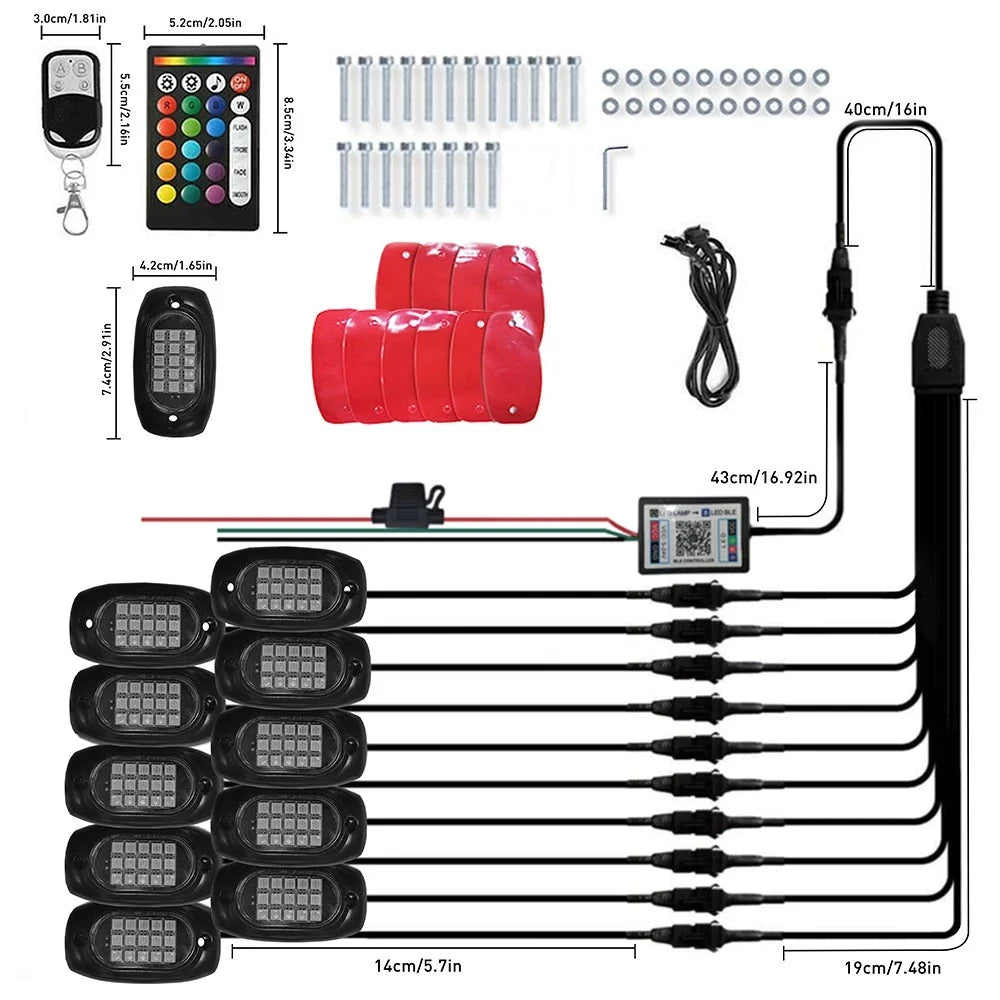 10 Pods RGB LED Light Rock Kit for Universal Vehicles (Bluetooth Control)
