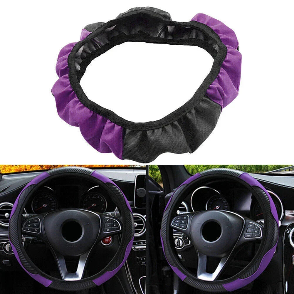 Steering Wheel Cover 15" Black Purple Microfiber Leather for Car SUV