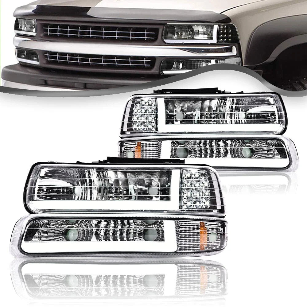 LED DRL Chrome Headlights for Chevy Silverado, Suburban, Tahoe (1999–2006)