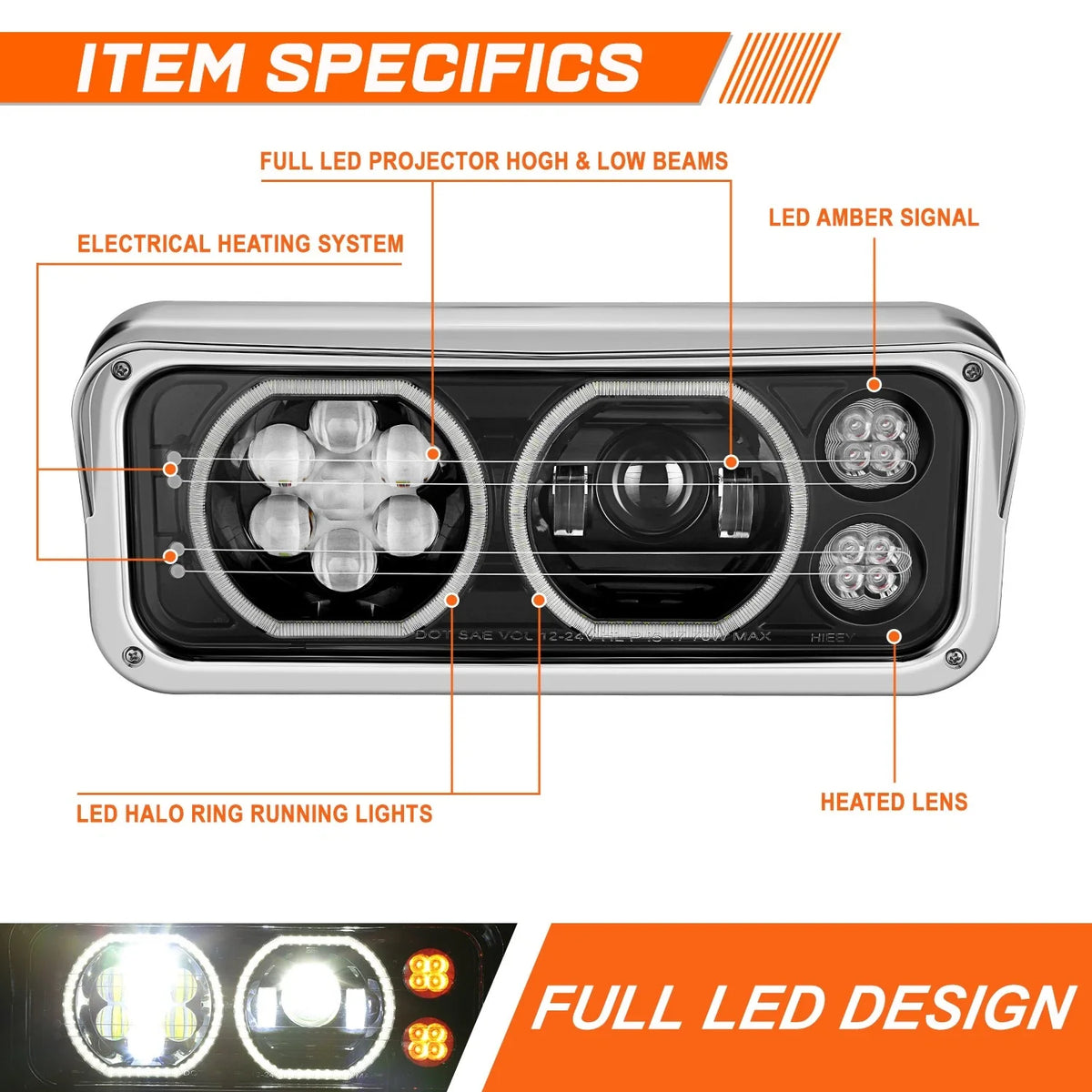 Projector Headlight with LED Halo Ring DRL for Kenworth Western Star 1981-2019