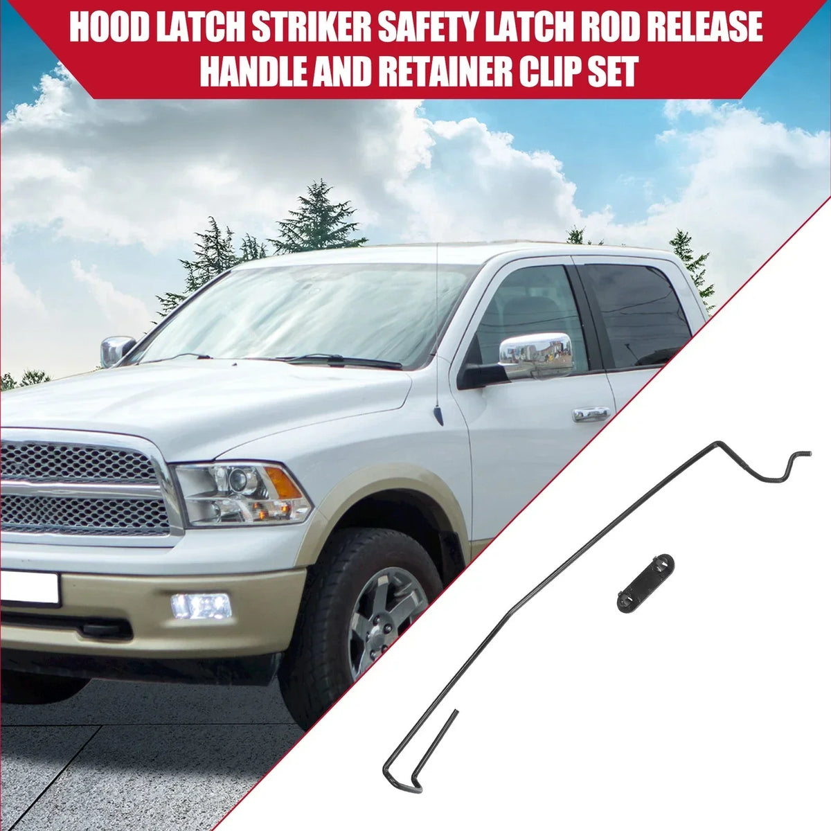 Hood Latch Rod Handle with Retainer Clip Set for Dodge Ram